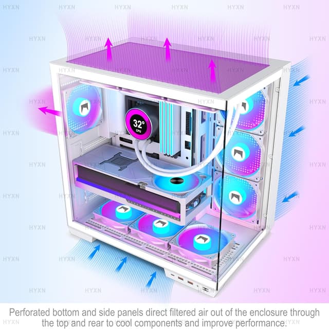 Detalle de HYXN H1 ATX PC-Gehäuse mit Dual-Kammer-Design, Type-C & 7 vorinstallierten PWM ARGB-Lüftern (weiß)