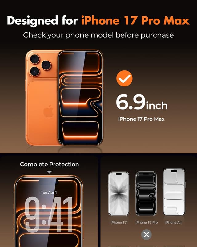 Detalle 2 de UNBREAKcable confezione da 3 pellicole in vetro temperato per iPhone 17 Pro Max (durezza 9H, trasparenza HD)