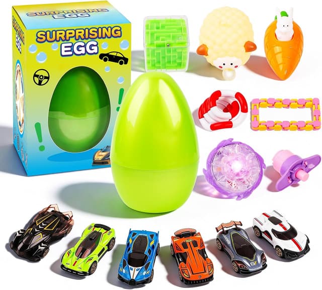 Detalle de Outpicker 12-Piece Easter Kids Toy Gift Set (Mini Cars, Fidget & Maze) in Reusable Egg-Shaped Box