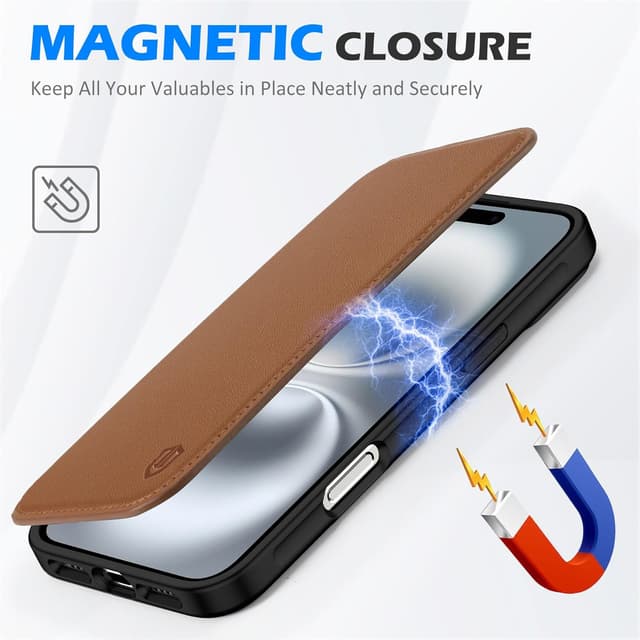 Thumbnail 6 de SHIELDON Echtleder-Hülle für iPhone 16 Plus 5G (6,7") – Dünne Klapphülle mit Magnetverschluss, Kartenfach & RFID-Blocker, Sattelbraun