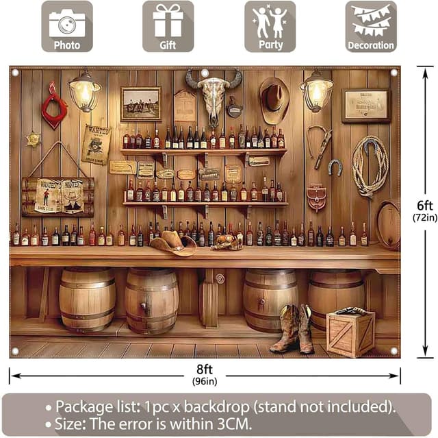 Detalle de Luminora 8x6ft Western Cowboy bar backdrop (rustic wooden house & wine barrels) for birthdays, parties and photo booths