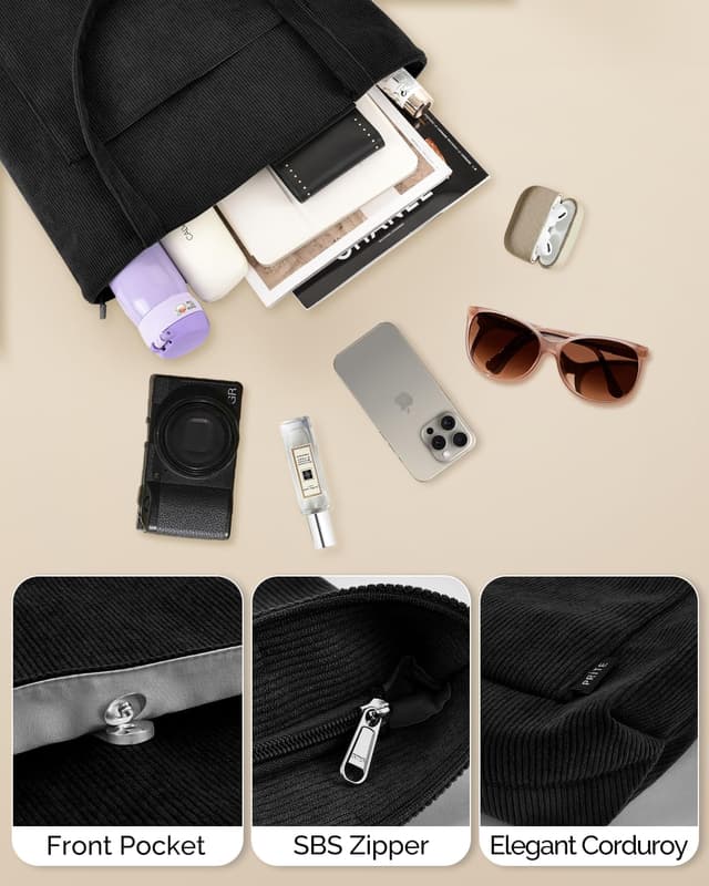 Thumbnail 6 de Prite Corduroy Tote Bag for Women – Large Shoulder Bag with Zip, Pockets for College, Work, Travel & Shopping (Black)