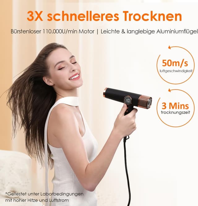 Detalle 2 de Faszin Haartrockner leichter Föhn mit 110.000 RPM bürstenlosem Motor, 200 Mio. Ionen und LED-Anzeige (Schwarz)