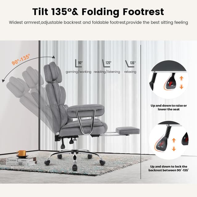 Detalle 2 de IWMH Bürostuhl mit Fußstütze, verstellbarer Lendenwirbelstütze und Kopfstütze (XXL, bis 200 kg) – Drehstuhl mit Armlehnen, grau