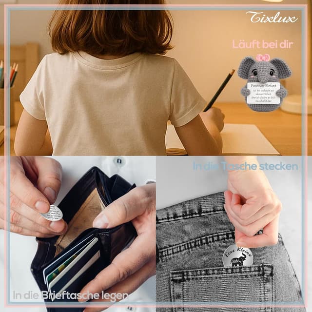 Detalle 2 de Tixlux Pocket Hug Positiver Elefant – Strickfigur mit Glücksbringer-TonToken als Mutmacher-Geschenk (Rosa)