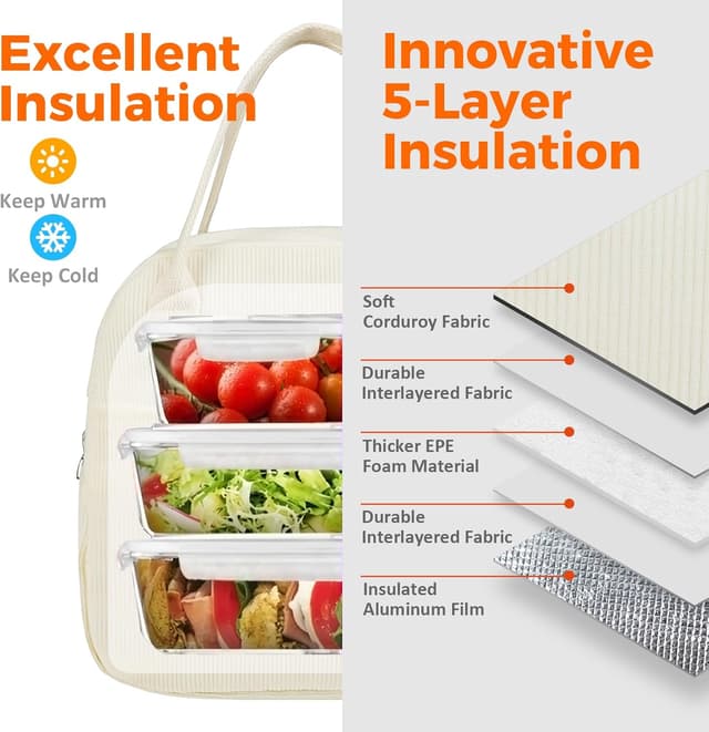 Detalle de Moyad reusable insulated lunch bag (10L) – white thermal tote for work, travel & picnics