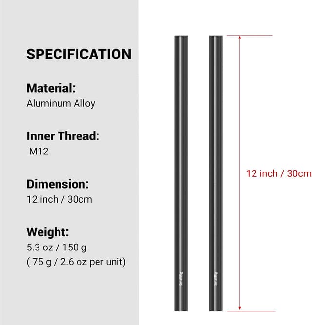 Detalle 2 de SMALLRIG 1053: 2x 15-mm-Rod aus schwarzer Aluminiumlegierung, 30 cm (12 Zoll) – M12-Innengewinde