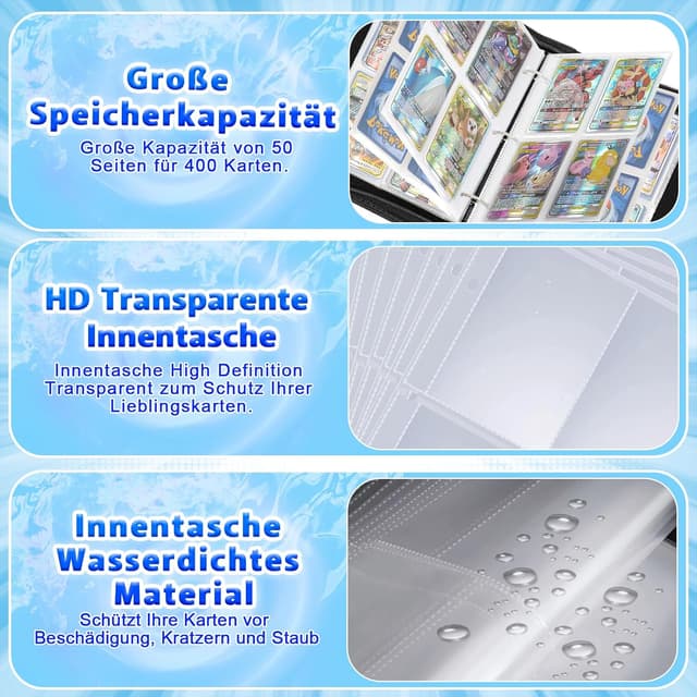 Detalle 2 de Jntmakun Sammelalbum für Pokémon Karten (S400) – 50 Seiten, 400 Karten, wasserabweisendes PU