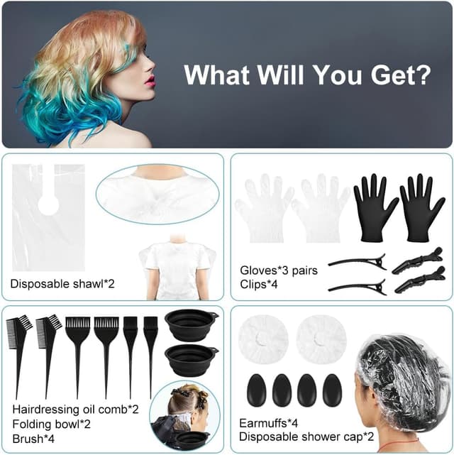 Detalle de LOPHE ensemble de coloration des cheveux 26 pièces : bols pliables, peignes, brosses, gants et accessoires