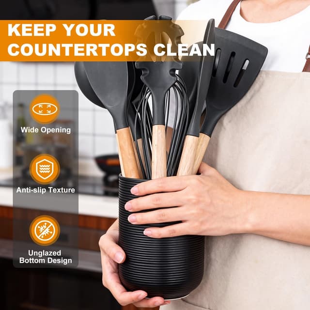Detalle de DoocliB Küchenutensilienhalter aus Keramik (10 x 13,5 cm) – Besteckhalter für Löffel, Gabeln & Spatel, Schwarz