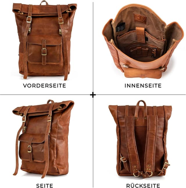 Detalle 2 de Berliner Bags Vintage Rucksack „Leeds M“ aus Leder mit 15-Zoll-Laptopfach – Fahrradrucksack mit Rolltop