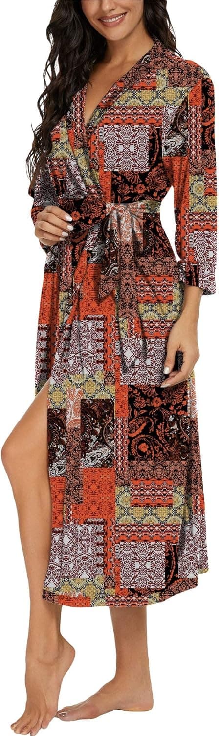 Detalle 2 de PrinStory Damen Bademantel mit 3/4-Ärmeln und V-Ausschnitt (Kimono-Robe, lange Länge)