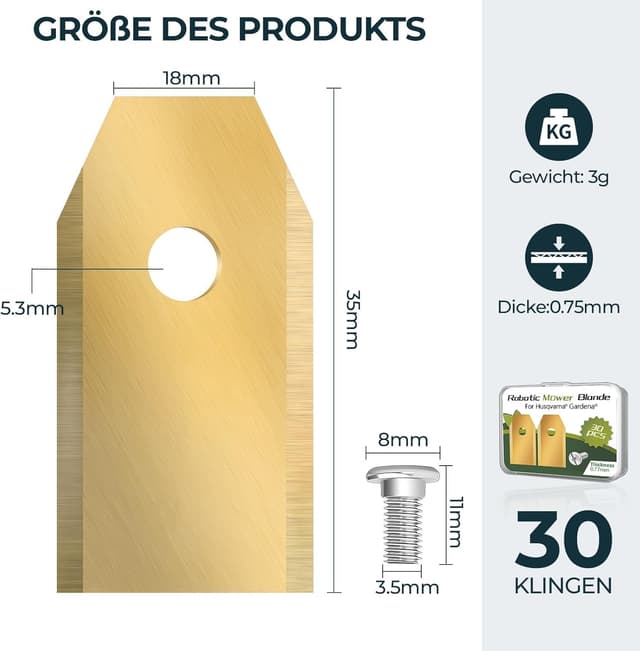 Detalle 2 de 30x Titan Messer Ersatzmesser für Mähroboter – Messerset + 30 Schrauben für Husqvarna, Gardena & Yard Force