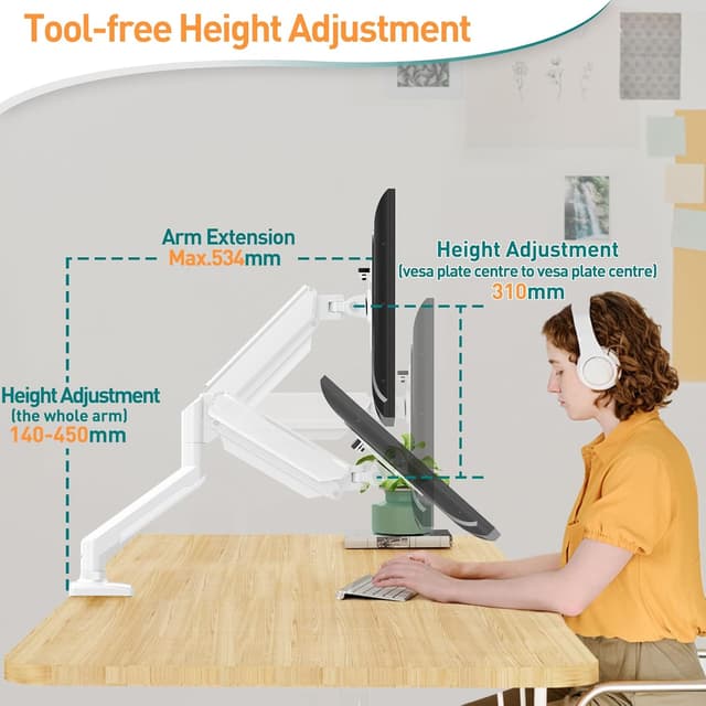 Detalle de ELIVED EV004W Monitorhalterung für 13–32" (bis 9 kg) mit Gasfeder, VESA 75/100 und 3D-Bewegung – weiß