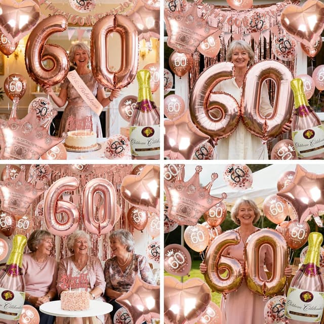 Thumbnail 6 de VICTERR Rose Gold 60th Birthday Decoration Set (Happy 60th Birthday banner, number 60 balloons & foil curtains)
