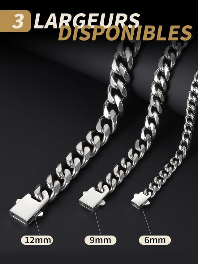Detalle 2 de FindChic Chaîne homme en acier inoxydable 316L maille gourmette cubaine large 6/9 mm