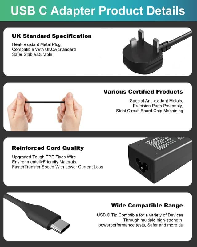 Detalle 2 de 45W USB C Laptop Charger Universal for Chromebooks