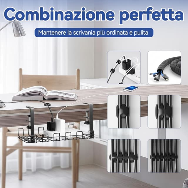 Thumbnail 6 de HOMMAND Raccogli Cavi Scrivania in metallo con fissaggio senza fori, vassoio sotto il tavolo per ufficio e casa (nero)