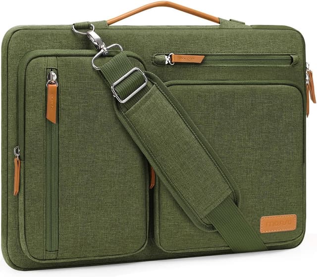 Detalle de MOSISO 360 Laptoptasche für 13,3 Zoll (13–13,3"), wasserabweisend & stoßfest, Schultertasche mit 4 Reißverschlusstaschen, olivgrün