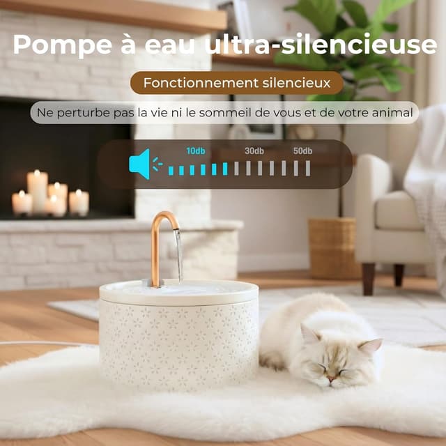 Detalle de Fontaine à eau pour chat MISFANS en céramique 2,1 L avec filtration triple et bec en cuivre