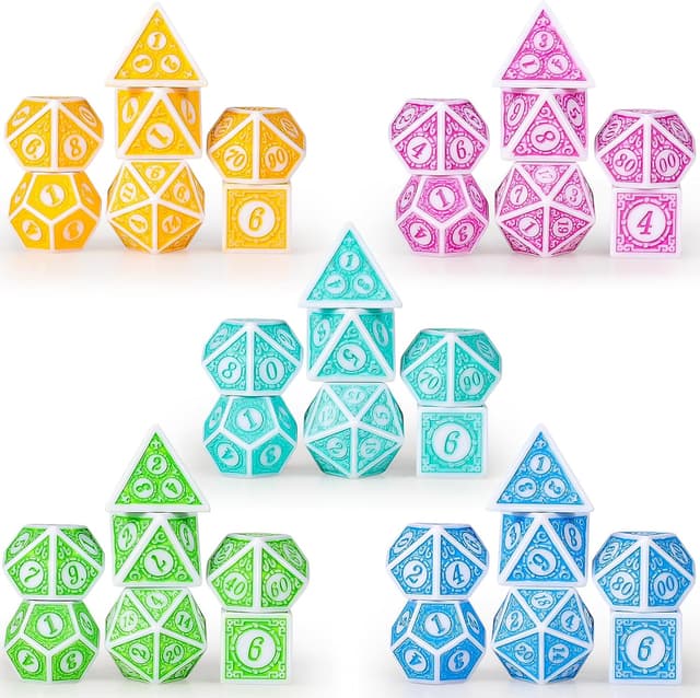 Detalle 2 de QMAY DND Würfel-Set „5x7“ (35 Stück) mit Vintage-Gravur – Polyederwürfel für D&D, MTG & RPG