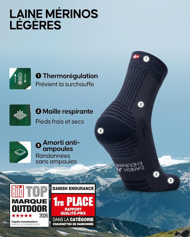 Detalle 2 de DANISH ENDURANCE Chaussettes de randonnée en laine mérinos chaudes avec rembourrage léger (unisex, 3 & 5 paires)