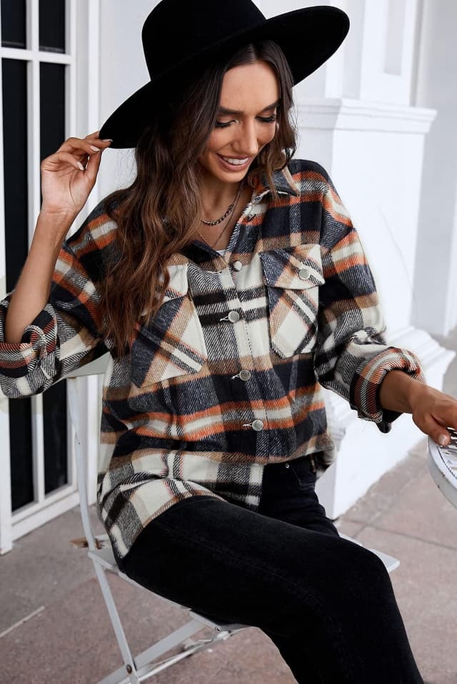 Detalle de HVEPUO Damen Hemdjacke mit Karomuster (Shacket) – Langarm mit Brusttasche, Knöpfen & Stehkragen