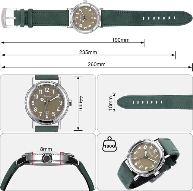 Detalle de JIZZU Herrenuhr mit Echtem Lederarmband, 42 mm Zifferblatt und Datumsanzeige