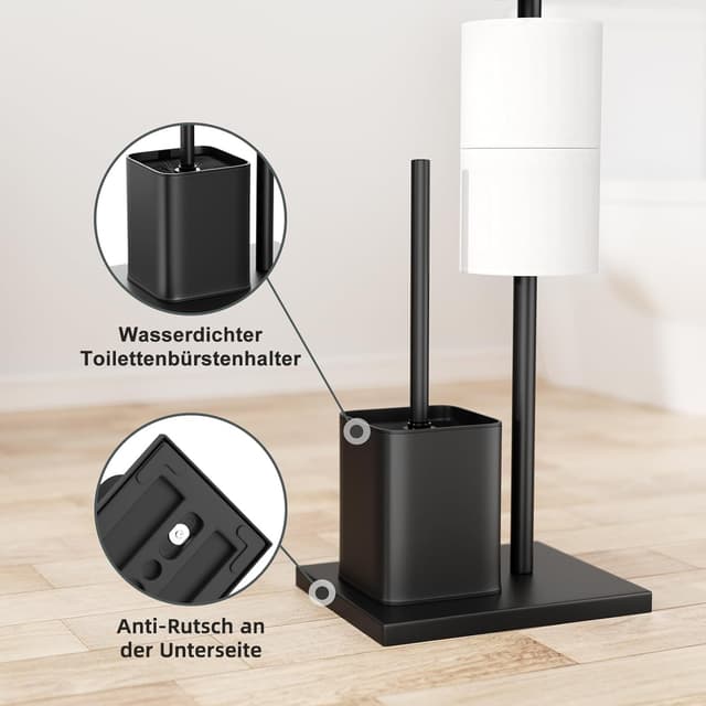 Detalle de Susswiff Piantana portarotolo e scopino WC in acciaio inox Nero, con base stabile e supporto per 2 rotoli