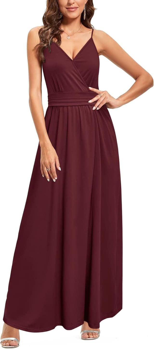 Detalle 2 de Newshows Sommerkleid Damen Lang Maxikleid mit V-Ausschnitt, Spaghettiträgern & Schlitz