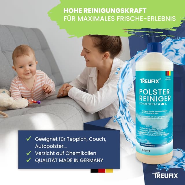 Detalle de Treufix Polsterreiniger-Konzentrat für Sofa, Couch & Matratzen (1 L) – für Waschsauger, Nasssauger und Handreinigung