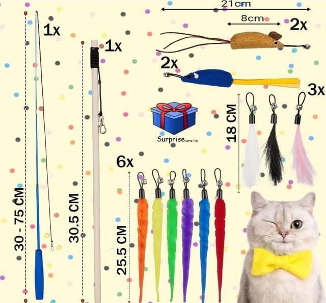 Detalle de Katzenspielzeug-Set 15-teilig mit Katzenangel (bis 98 cm) und Feder- & Mäuseköpfen