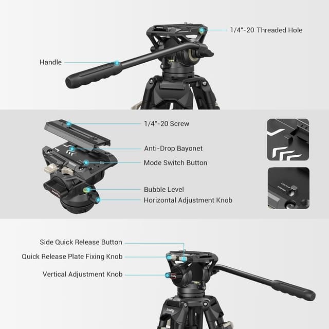 Detalle de SMALLRIG Videostativ 73 Zoll (186 cm) Heavy Duty Tripod mit 360°-Fluidkopf und Dual-Schnellwechselplatte – 3751B