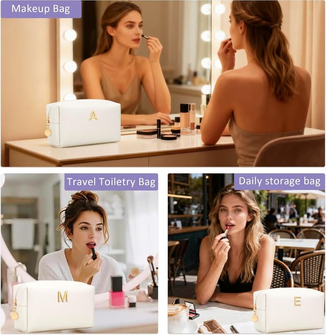 Detalle 2 de CLOUDWINGS Personalized Initial Makeup Bag (Beige) – PU Leather Waterproof Travel Toiletry Bag for Bridesmaids