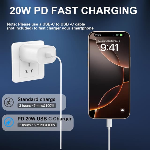 Detalle de 3-Pack 20W USB-C iPhone Fast Charger Block + 10ft USB-C to USB-C Cable (iPhone 16/15 Series)