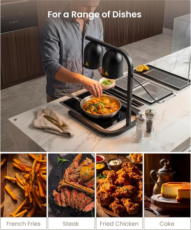 Detalle de SYBO DL2112 Commercial Grade Food Heat Lamp (2-Bulb, 500W) with Adjustable Stand, Black