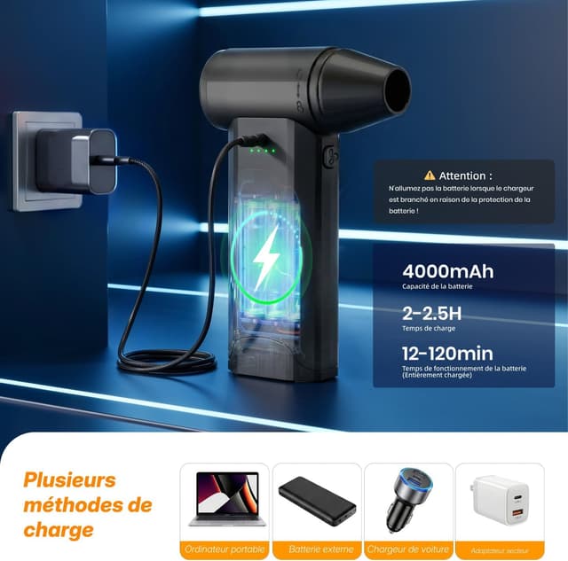 Detalle de fourq Souffleur d’air comprimé électrique 110000RPM (noir) — nettoyeur clavier sans fil rechargeable USB