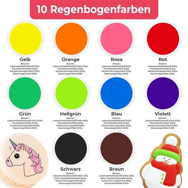 Detalle de He-Ju Lebensmittelstifte essbar 10er Set (vegan, glutenfrei, ohne E171) in 10 Regenbogenfarben