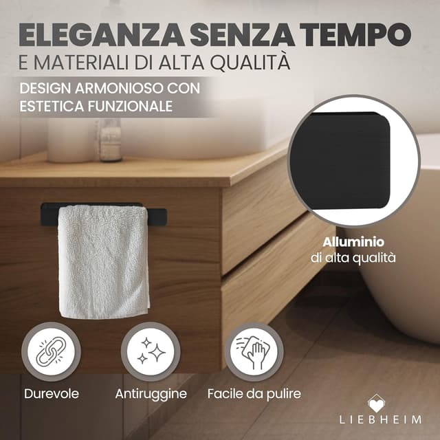 Detalle de LIEBHEIM porta asciugamani adesivo da parete in alluminio nero, senza forare (22 cm)