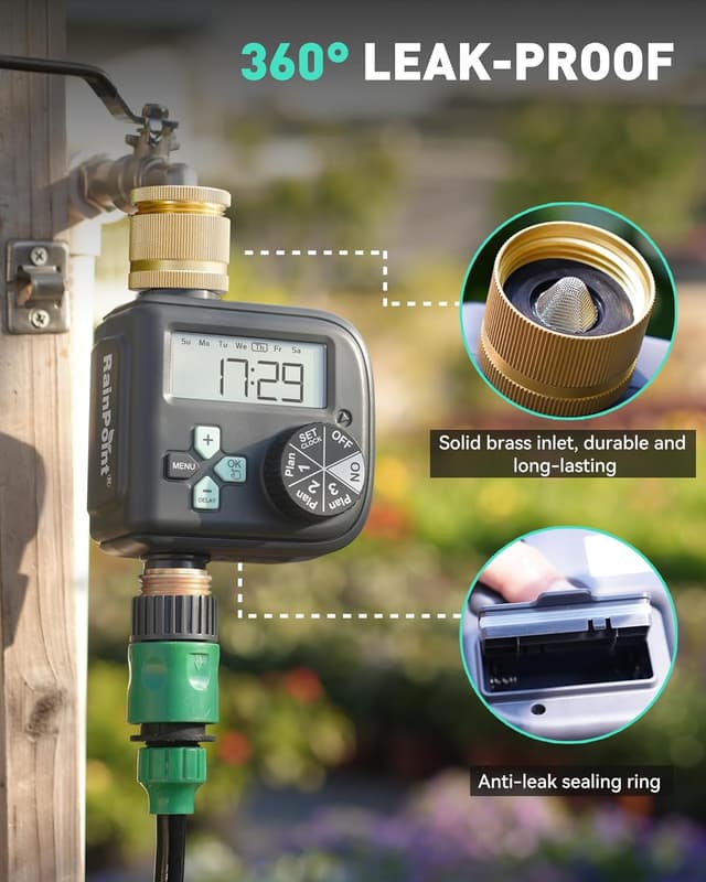 Detalle 2 de RAINPOINT Water Timer with Brass Inlet & Outlet, 3 Independent Programs and Rain Delay