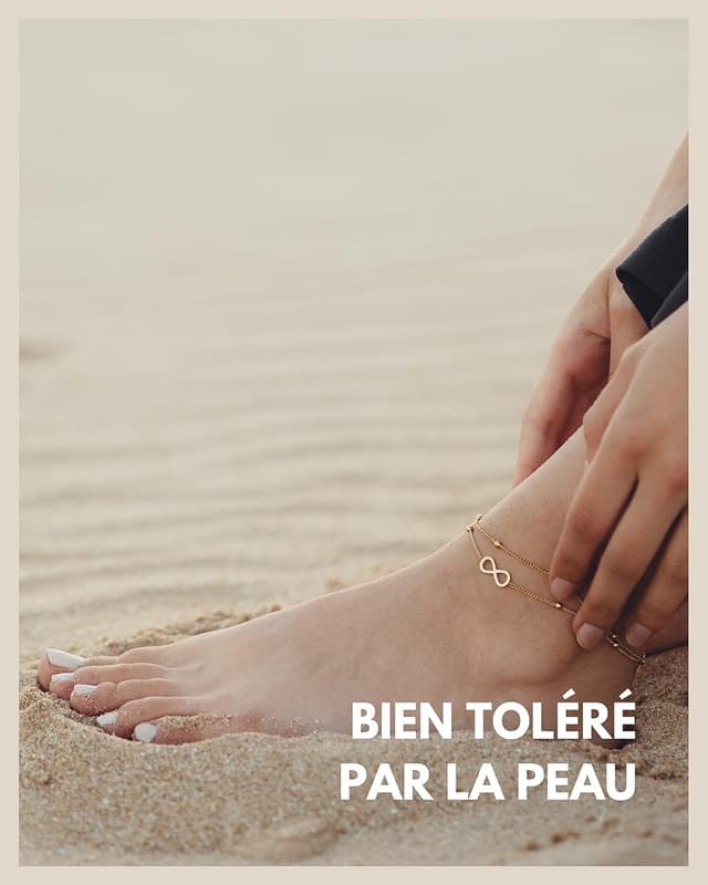 Detalle de Bracelet de cheville Infinity pour femmes, réglable 22–27 cm, résistant à l’eau (acier inoxydable, finitions or 18 carats, argent, or rose)