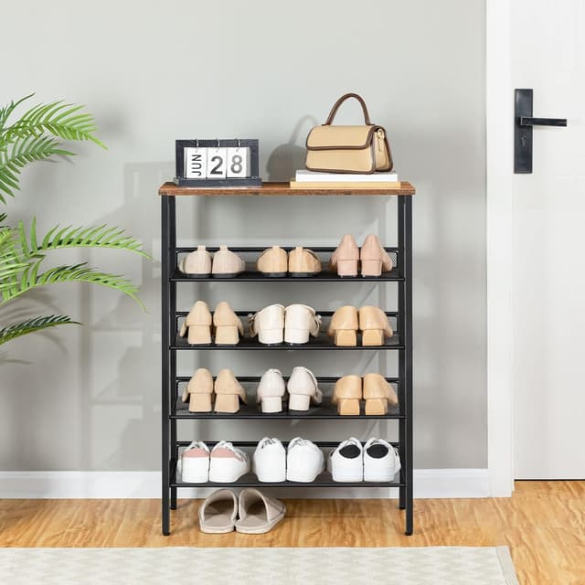 Detalle de HOOBRO EBF106XJ01 scarpiera a 5 livelli con ripiani a rete e struttura in metallo, in stile marrone vintage/nero