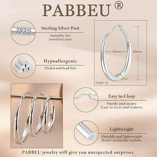 Detalle de PABBEU S925 Sterling Silver Large Hoop Earrings (Hypoallergenic, 35–70mm)