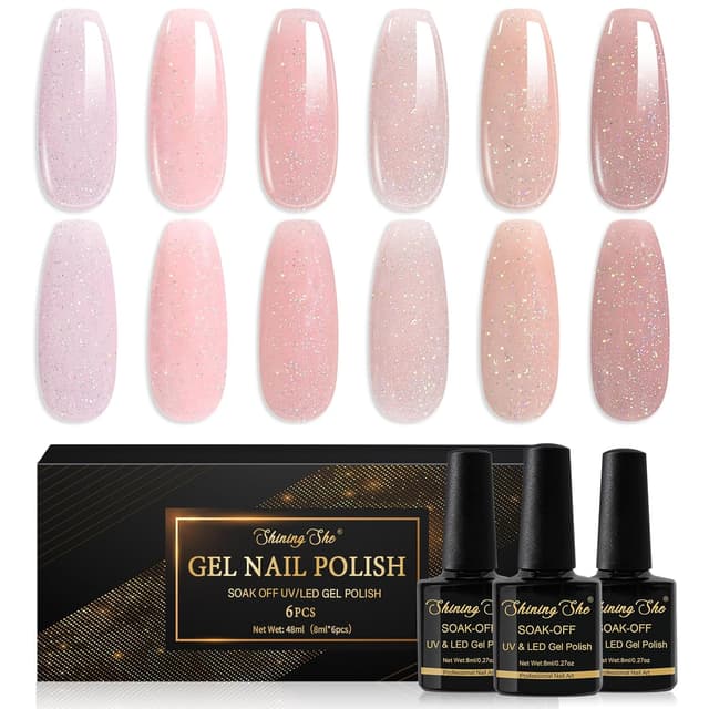 Detalle de Shining She UV-Glitzer-Jelly-Nagellack (6 Farben) – holografischer Schimmer in Nude-Rosa, Soak-off Gel, 8 ml