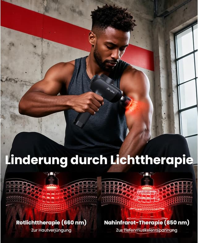 Detalle de BOB AND BRAD X6 Ultra Massagepistole mit Infrarotlicht & Wärme – Profi Tiefengewebe-Muskelmassagegerät mit Titan-Kopf und 6 Aufsätzen