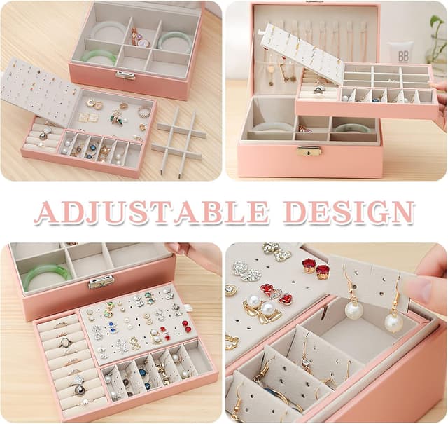 Detalle 2 de Larkumio organizador de joyas grande de doble capa para mujer y niña (rosado) con cerradura y llave