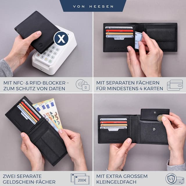 Detalle de VON HEESEN Leder-Geldbörse mit RFID-Schutz (Saffiano Schwarz) – Geldbeutel für Damen & Herren