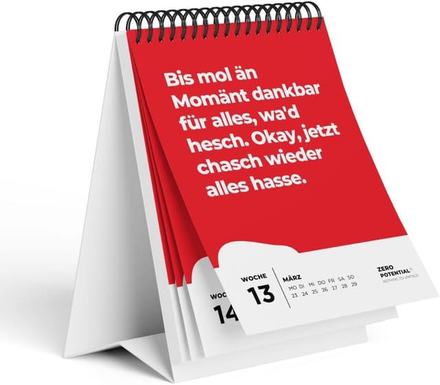 Detalle de Demotivierender Kalender (schweizerdeutsch, A6) – 2025er Tischkalender mit 52 sarkastischen Sprüchen