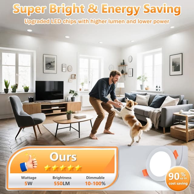 Detalle de YindaLux LED-Einbaustrahler 230 V dimmbar 5 W (3CCT, 6er-Set) – ultraflach, IP44 für Bad