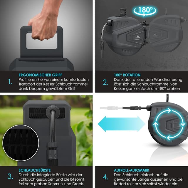 Detalle 2 de KESSER® automatische Schlauchtrommel 20 m inkl. Multi-Handbrause (9 Modi), 180° schwenkbar – Wand-Schlauchbox in Anthrazit